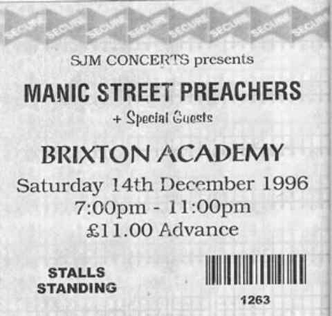 Manic Street Preachers ticket from 1996