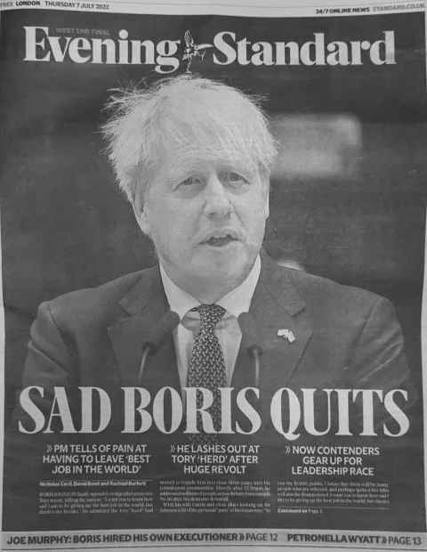 boris johnson finally resigns on the cover of the London Evening Standard