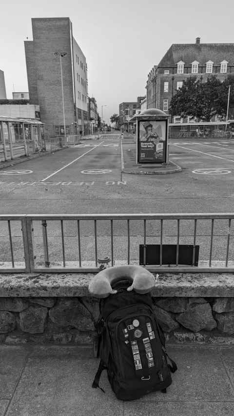 Here is all my luggage, waiting to go at an empty Folkestone bus station...