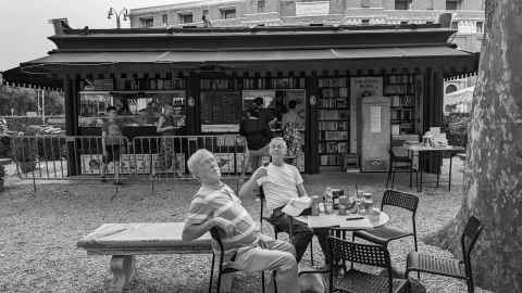 Relaxing outside BiblioBar in Rome