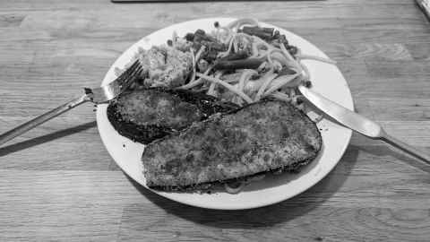 Aubergine Milanese with asparagus and lemon spaghetti