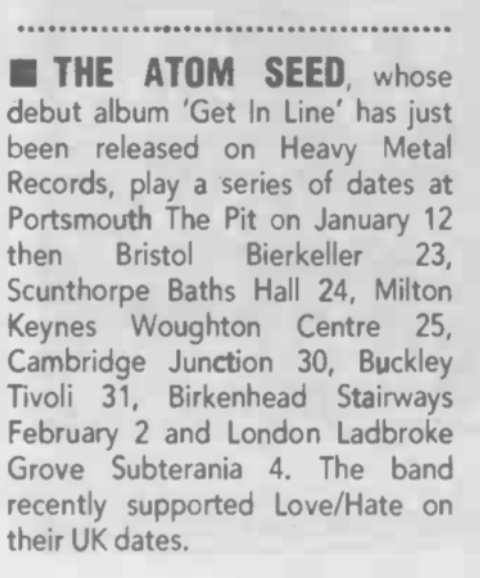 Atom Seed news story from Sounds, 12th January 1991