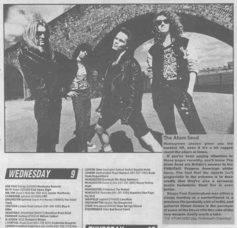 Atom Seed gig preview from Sounds, 12th January 1991