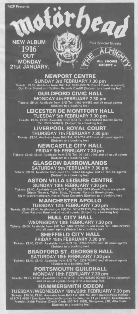 Motorhead tour dates from Sounds of January 1991