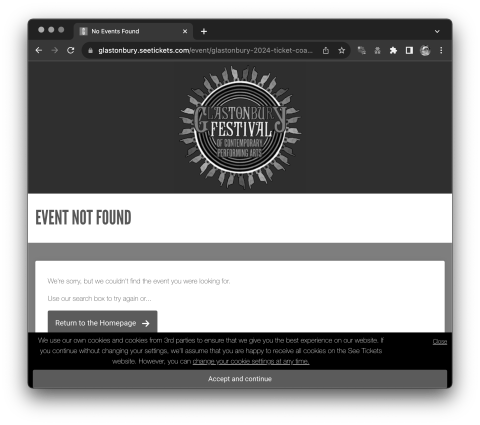Glastonbury tickets all gone, no such event screenshot