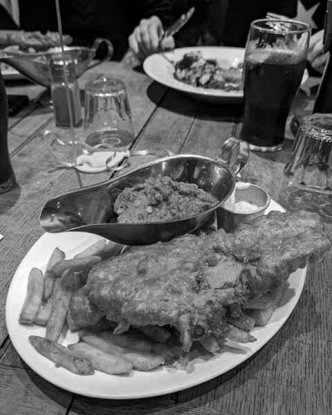 Banana blossom vegan fish and chips in the Harbour Inn, Folkestone