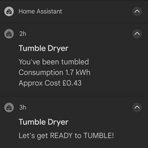 Report on running costs from the tumble dryer, via Home Assistant