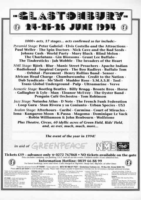 Early Glastonbury 1994 advert without Oasis