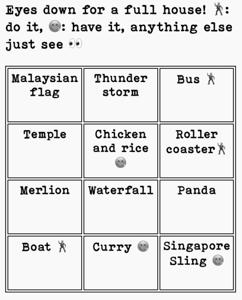 Singapore bingo card