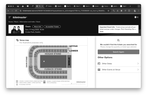 Screen showing me there are no tickets left