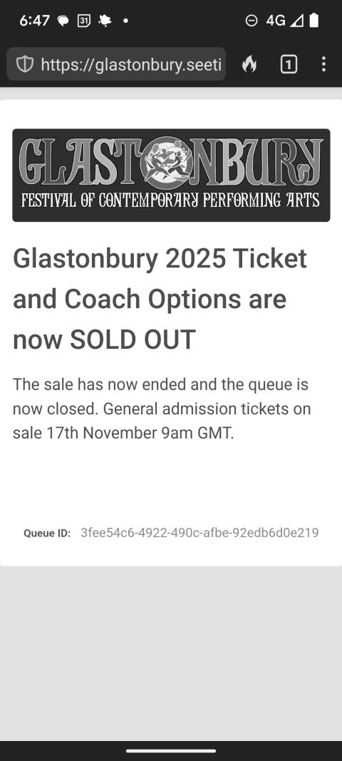 Glastonbury tickets sold out screenshot