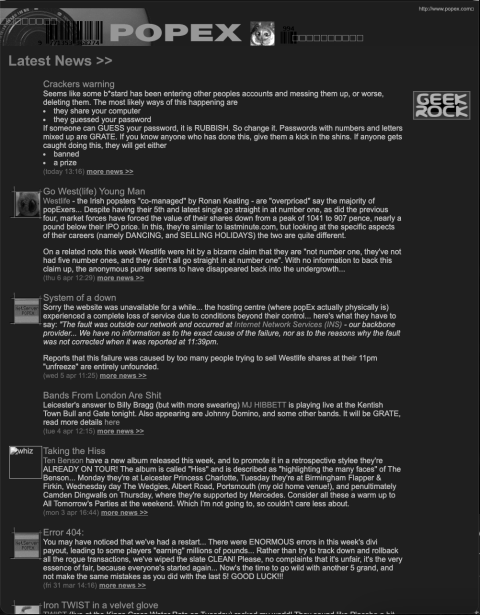 Screenshot of popex in April 2000 from the wayback machine, web.archive.or