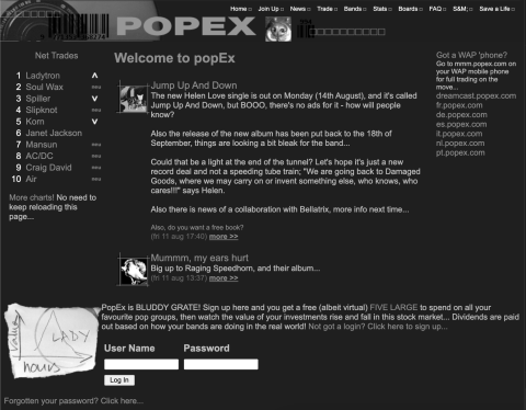 Screenshot of popex from August 2000