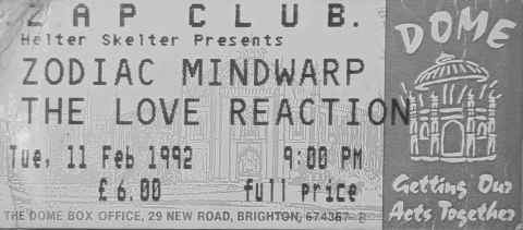 Zodiac Mindwarp ticket, Brighton, 1992
