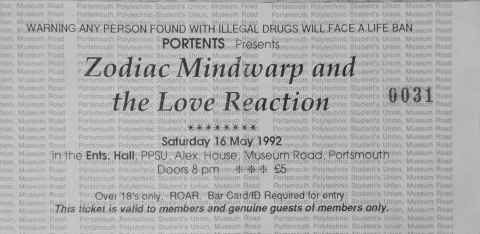 Zodiac Mindwarp ticket, Portsmouth Poly, 1992