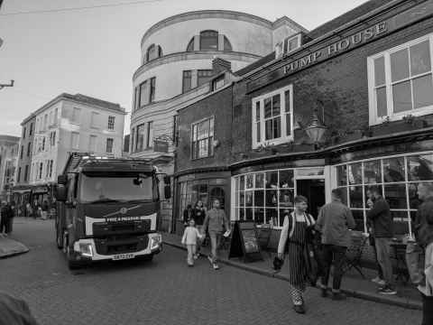 Fire engine outside The Pump House, Brighton