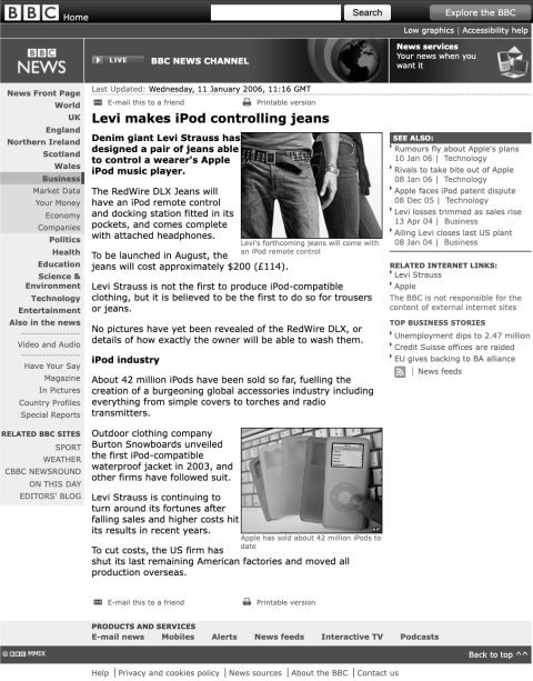 BBC screenshot of news story about ipod jeans