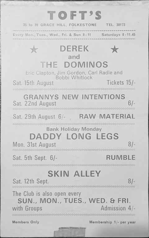 Tofts flyer from August 1970 featuring Derek And The Dominos
