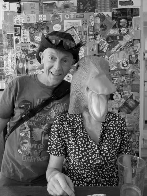 Wife in duck head mask in Queen Ale