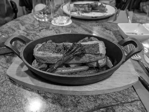 Fake vegan fish like main in the nice vegan restaurant, very good