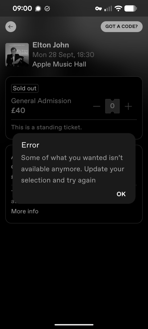 Screenshot of nearly getting Elton John tickets