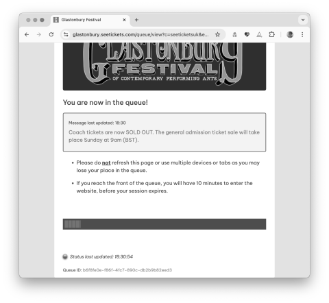 Glastonbury queue screenshot coaches sold out