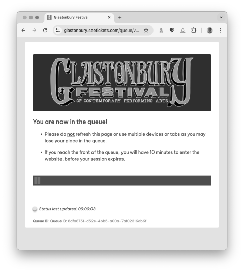 Glastonbury queue screenshot stuck on two green bars