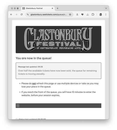 Glastonbury screenshot, half the tickets gone